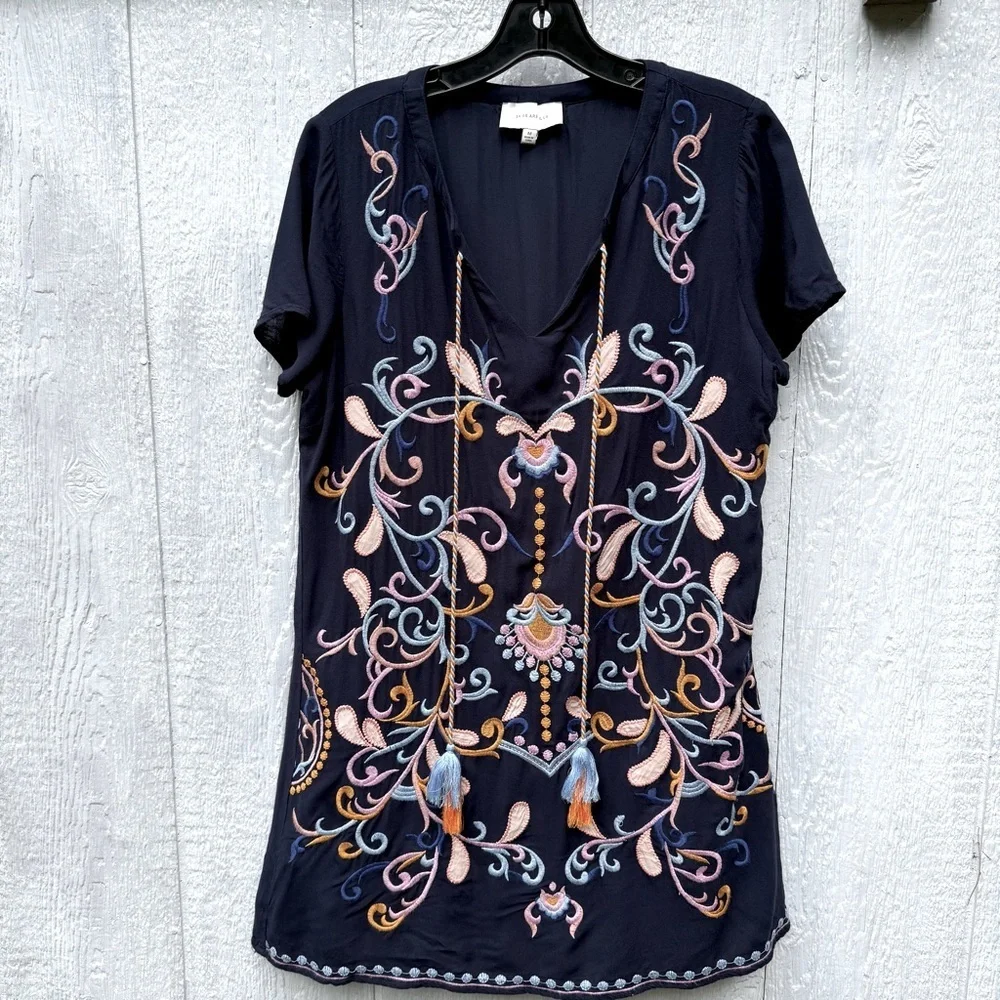 Skies Are Blue Women's Blue Embroidered Paisley Rayon Dress Cover-Up Lined M - Picture 1 of 7
